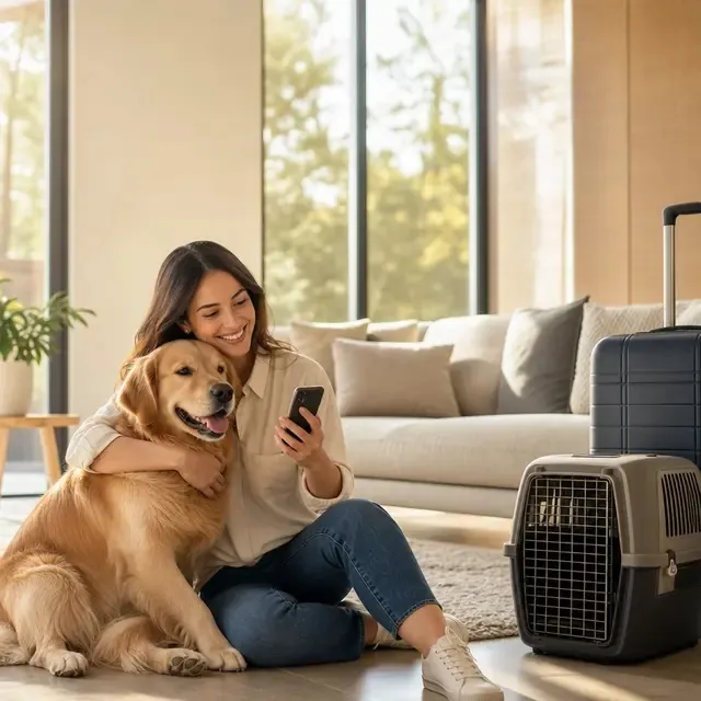 Tutora sorrindo ao lado do seu cachorro golden retriever com caixa de transporte e mala prontas para viagem